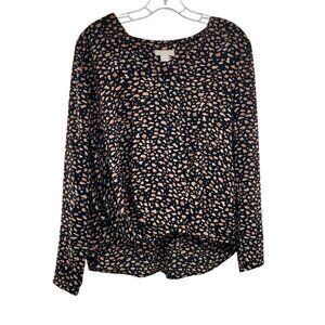 Finn & Grace Women's V-Neck Long Sleeve Print Top Black/Beige Size Small